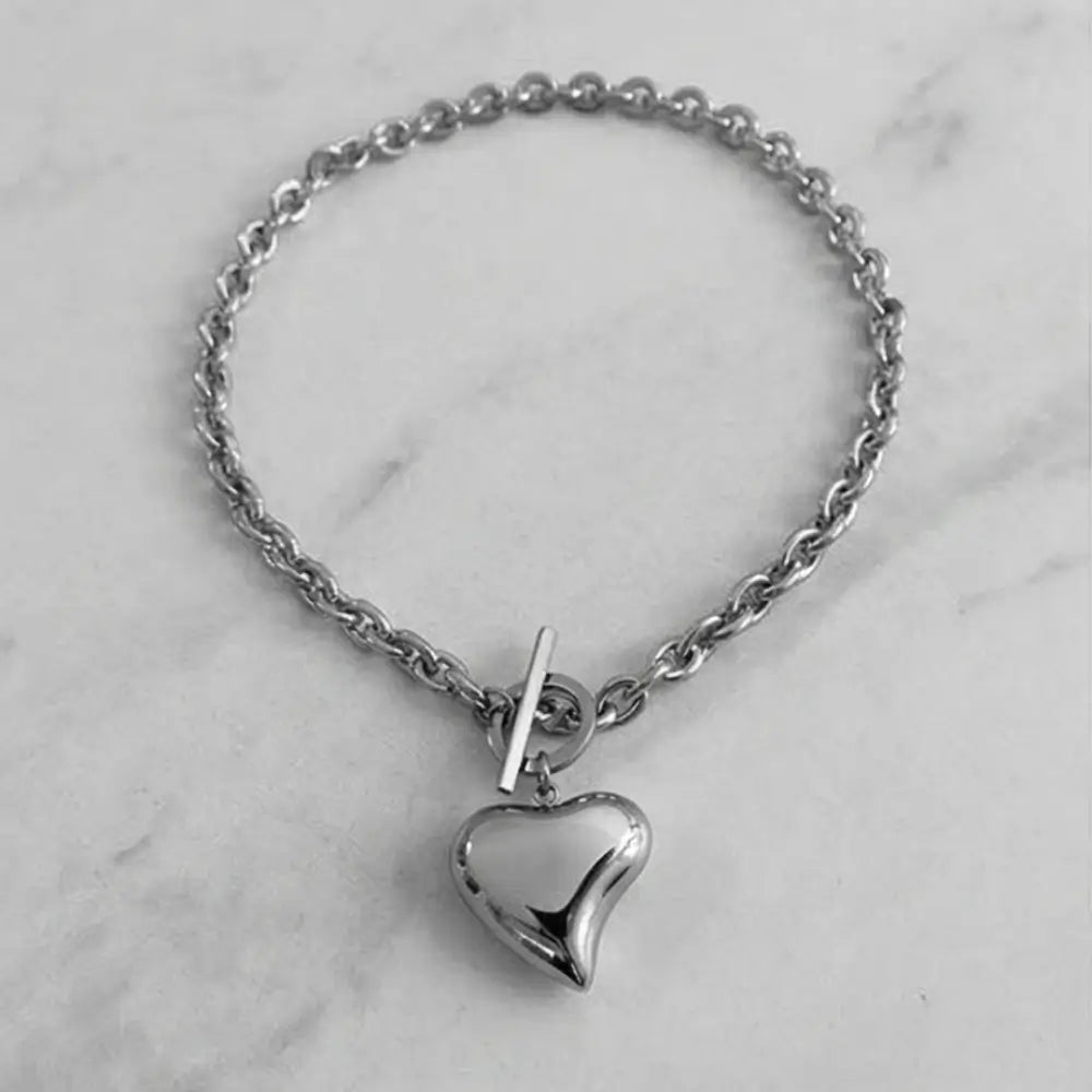 silver heart pendant necklace with toggle clasp chunky chain minimalist jewelry Julie Saldivia