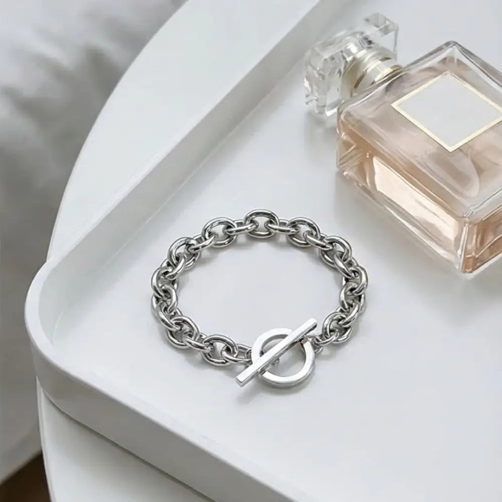 silver chunky chain bracelet with toggle clasp on table luxury jewelry Julie Saldivia