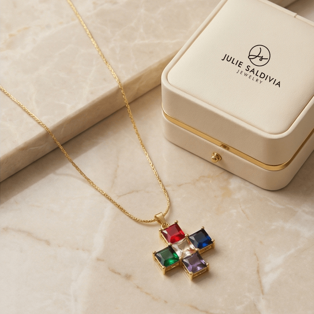 multicolor crystal cross necklace close up gemstone detail