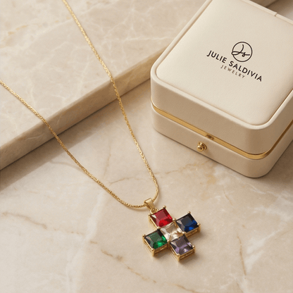 multicolor crystal cross necklace close up gemstone detail