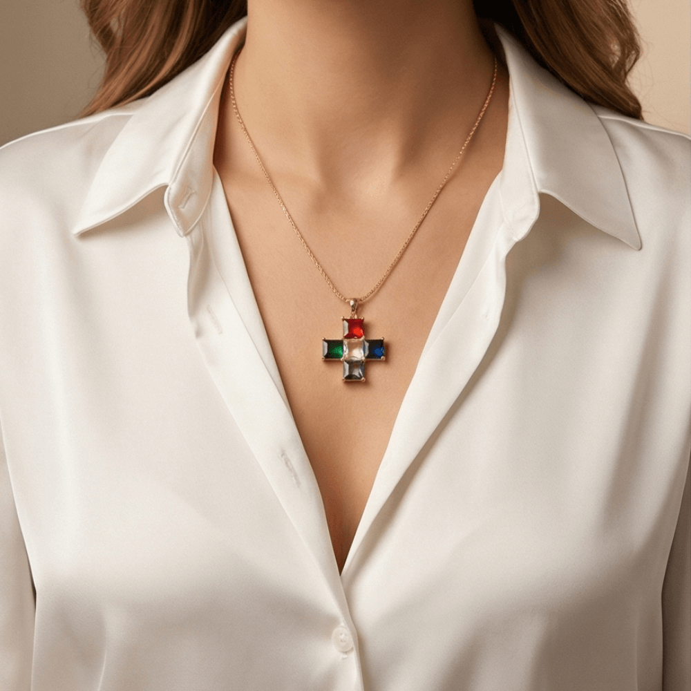 Necklace with a colorful pendant worn by a person in a white shirt.