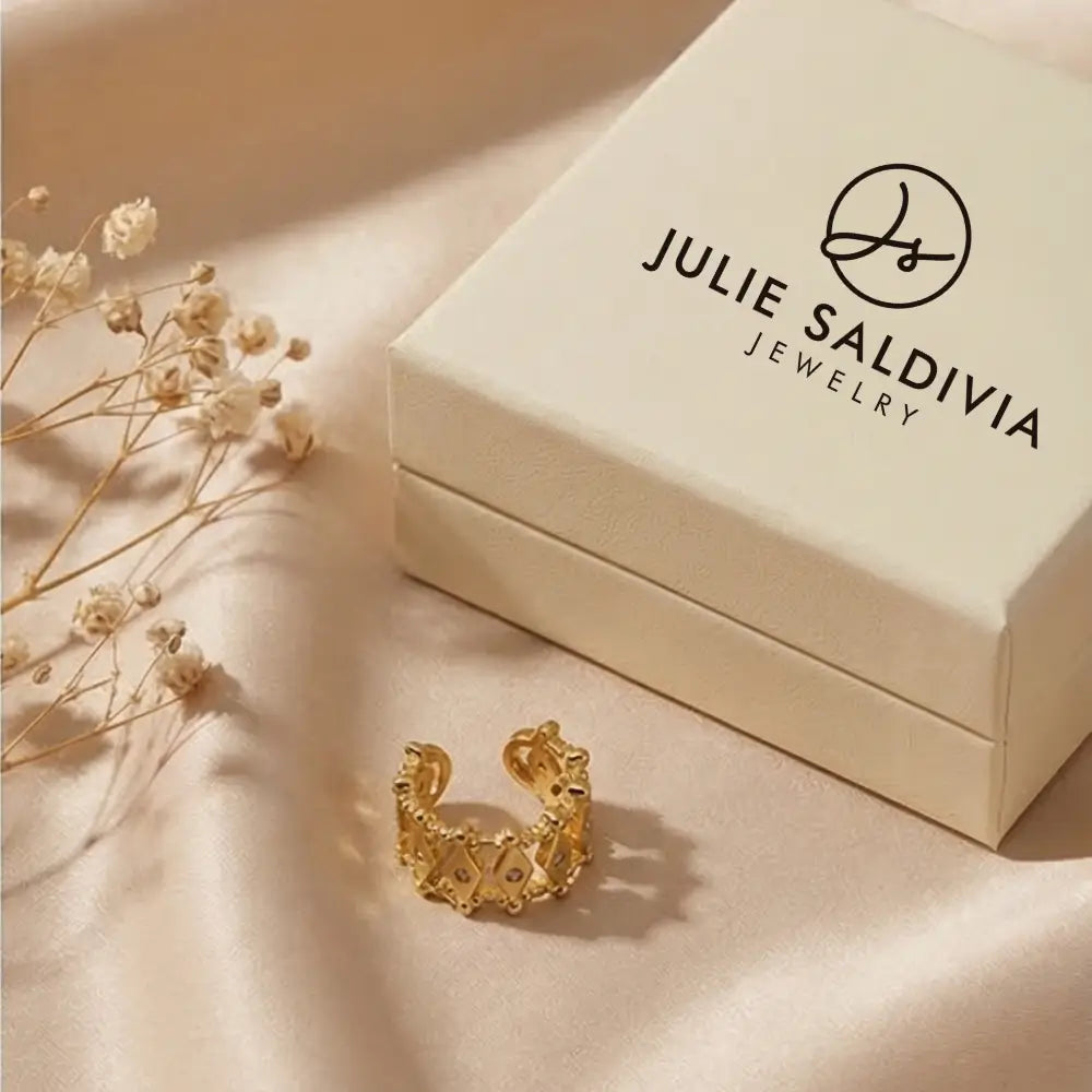 gold textured ear cuff with Julie Saldivia jewelry box luxury statement ear cuff packaging