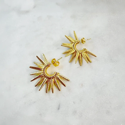 Statement Gold Sunburst Hoop Earrings -Textured Spike Design
