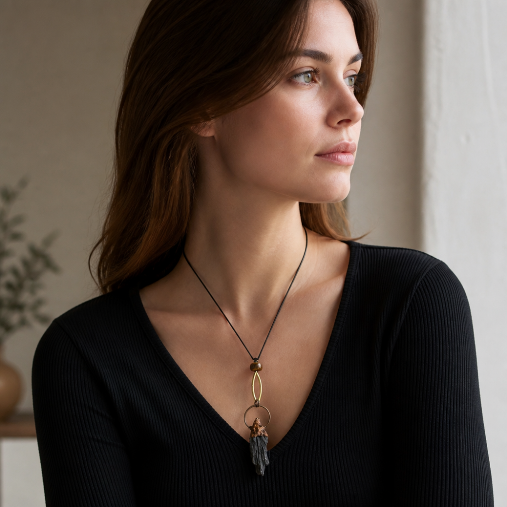 Model wearing the Terra adjustable long sculptural pendant necklace by Julie Saldivia