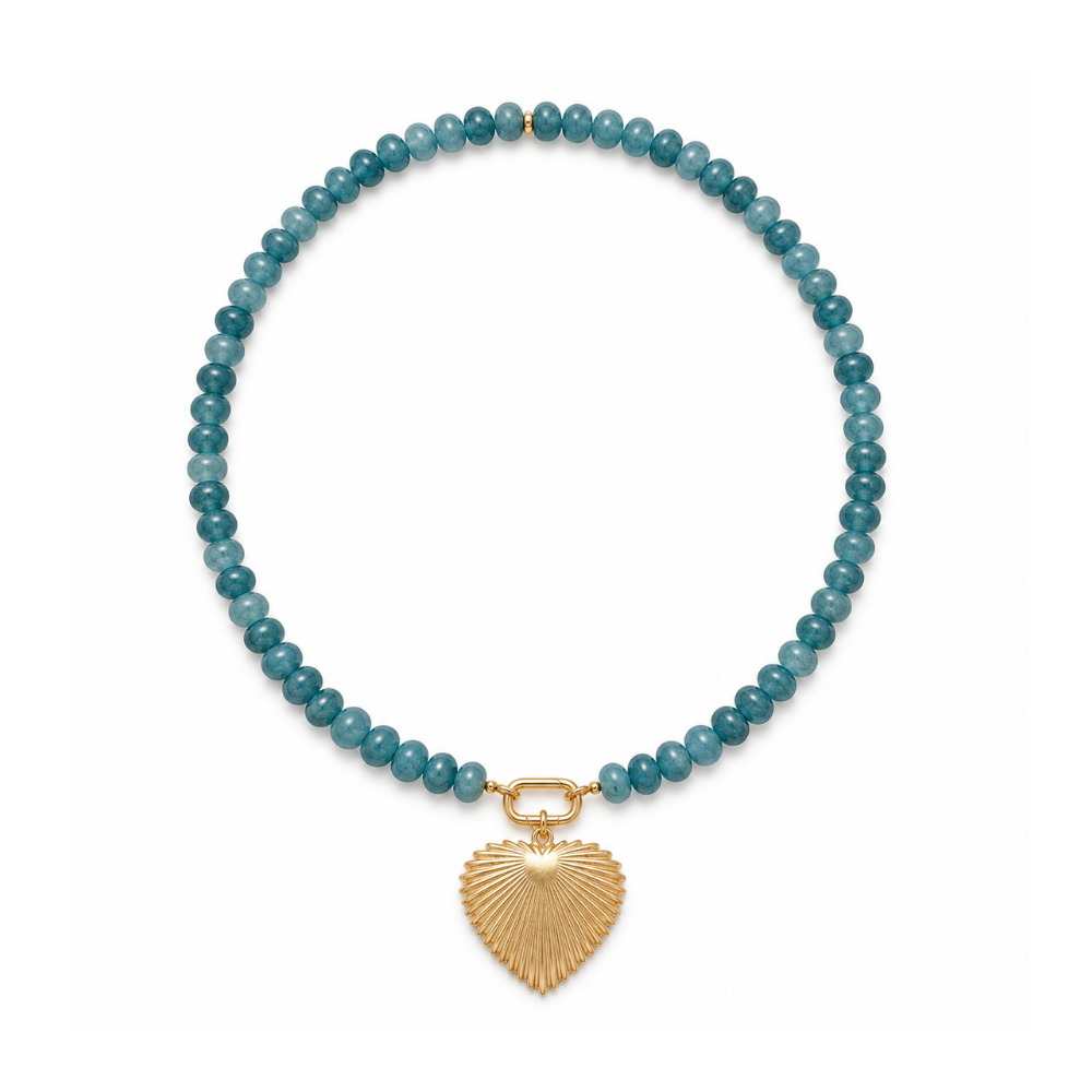 Teal-blue aventurine necklace with an oval front clasp and an 18k gold-plated ridged heart pendant on a white background.