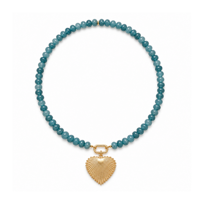 Teal-blue aventurine necklace with an oval front clasp and an 18k gold-plated ridged heart pendant on a white background.