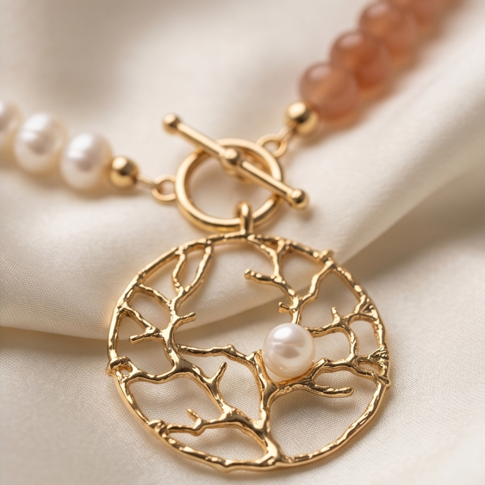 Close-up of gold Tree of Life pendant with pearl accent on blush and pearl necklace