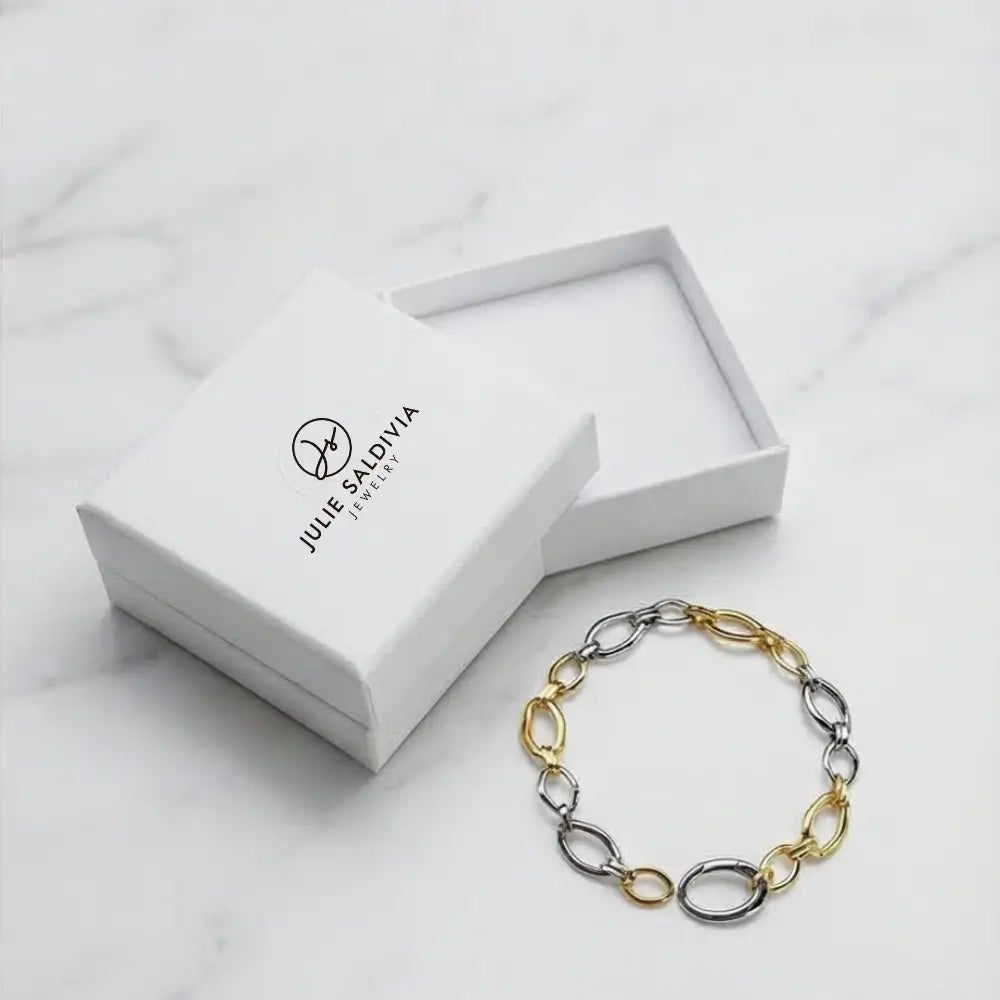 two tone gold and silver chain bracelet with jewelry box luxury product Julie Saldivia