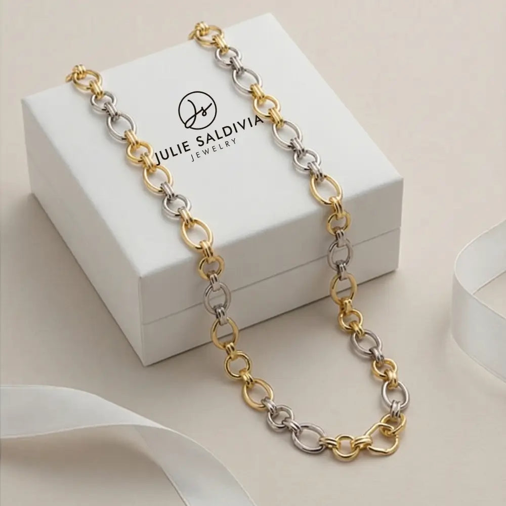 two tone chain link necklace gold and silver on julie saldivia jewelry box luxury minimalist necklace