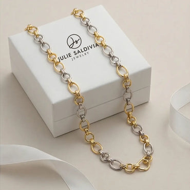 two tone chain link necklace gold and silver on julie saldivia jewelry box luxury minimalist necklace