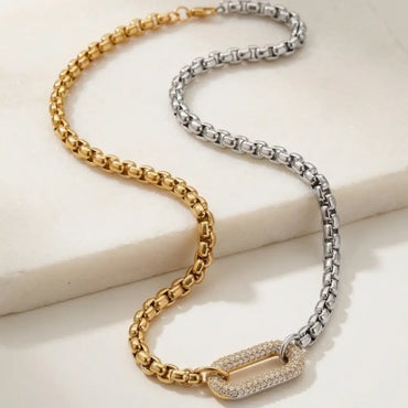 Two-tone gold and silver chain necklace with pavé clasp elegant statement jewelry piece