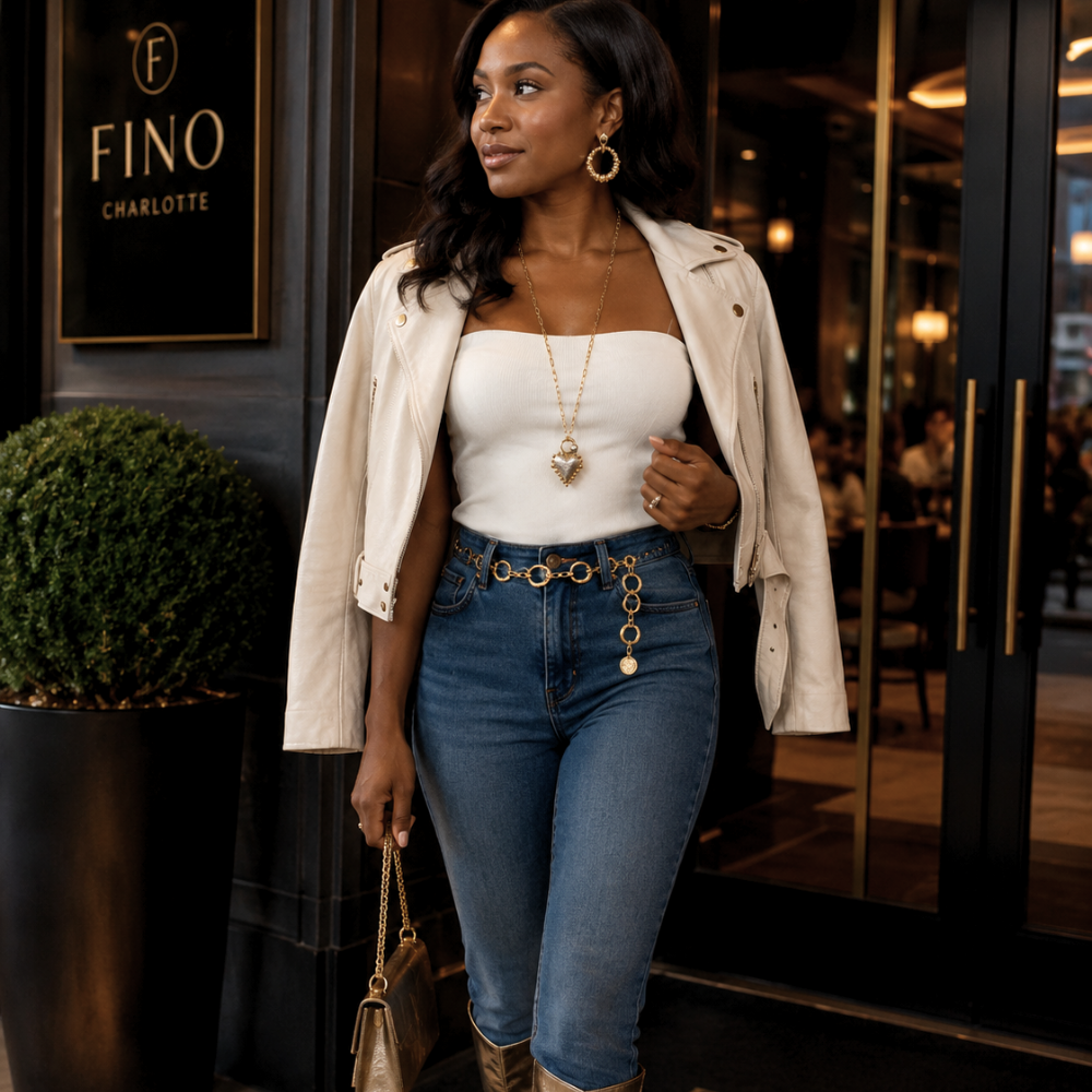 Woman wearing a 26 inch gold-tone chain necklace with two-tone heart pendant, off-white fitted top, ivory leather jacket, high-waisted jeans, gold chain belt, and metallic knee-high boots while entering a restaurant in downtown Charlotte NC