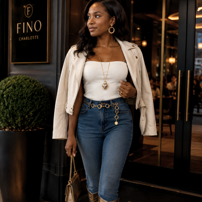 Woman wearing a 26 inch gold-tone chain necklace with two-tone heart pendant, off-white fitted top, ivory leather jacket, high-waisted jeans, gold chain belt, and metallic knee-high boots while entering a restaurant in downtown Charlotte NC