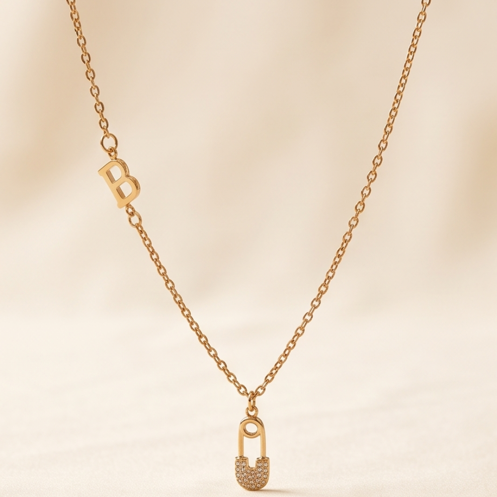 Waterproof stainless steel initial necklace with CZ safety pin charm
