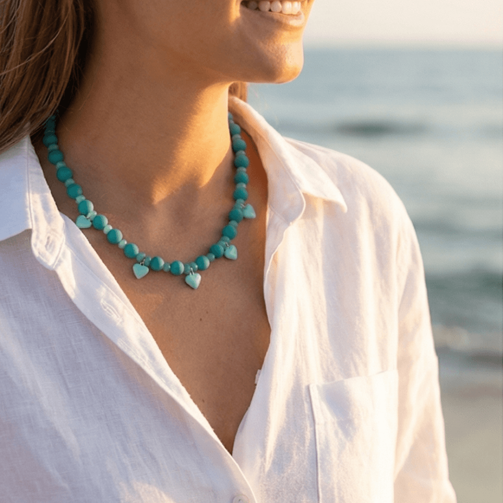 turquoise beaded necklace waterproof jewelry lifestyle summer outfit