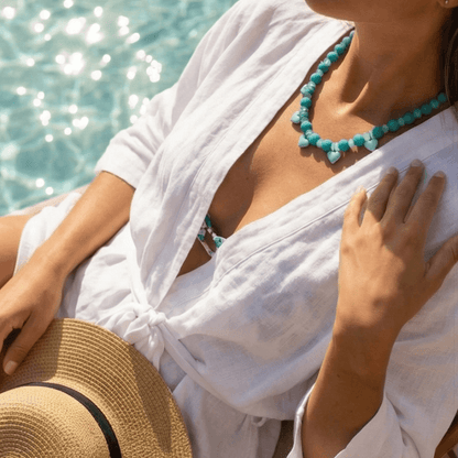 turquoise beaded necklace waterproof jewelry lifestyle summer outfit