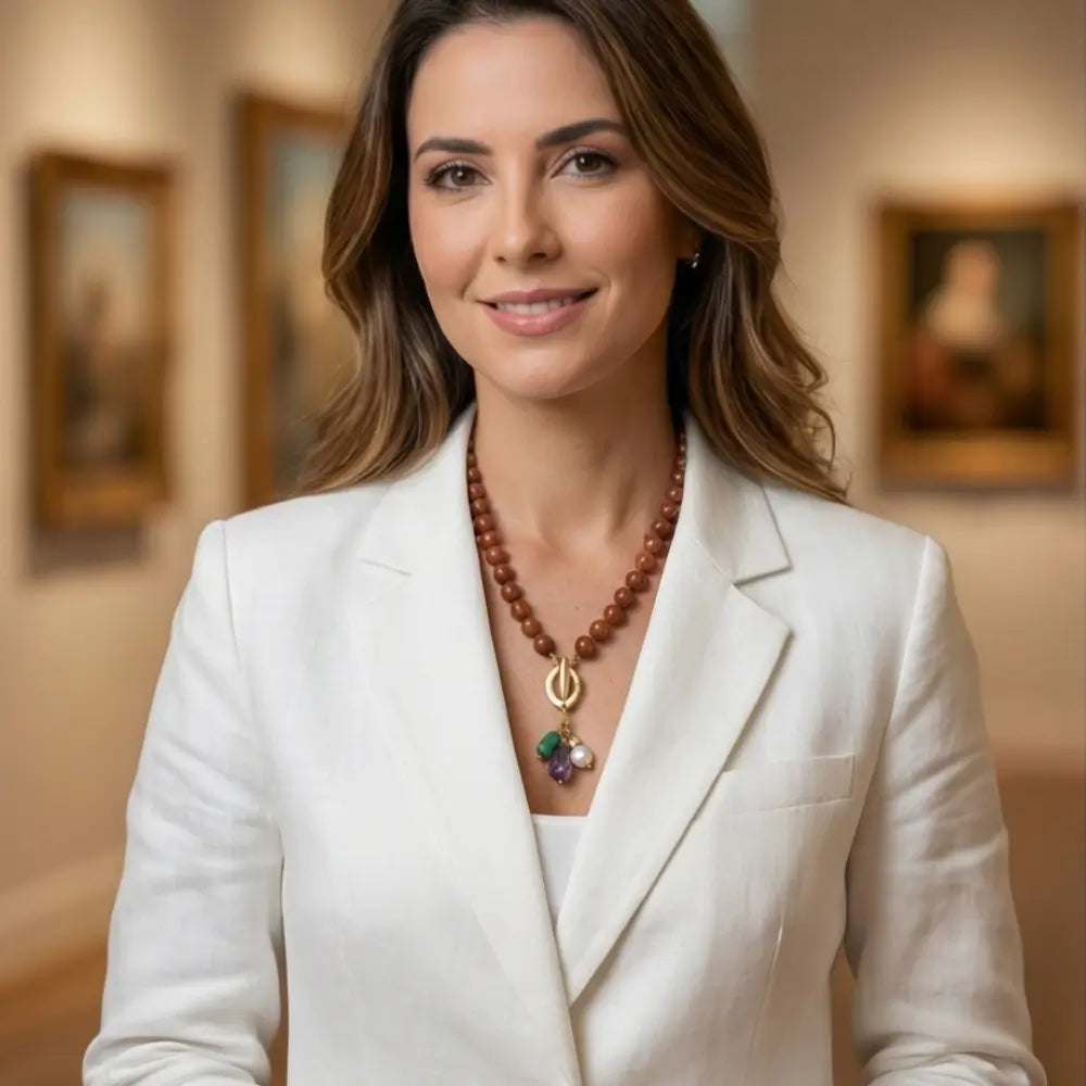 Woman wearing goldstone beaded necklace with gold pendant and pearl charm elegant jewelry