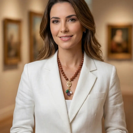 Woman wearing goldstone beaded necklace with gold pendant and pearl charm elegant jewelry